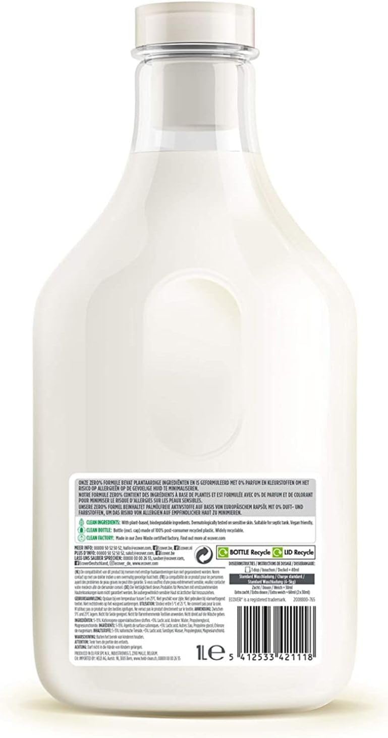 Ecover Zero Sensitive sköljmedel (1 L/33 tvättladdningar), sköljmedel utan doft med växtbaserade ingredienser, Ecover sköljmedel för mjuk tvätt och enkel strykning
