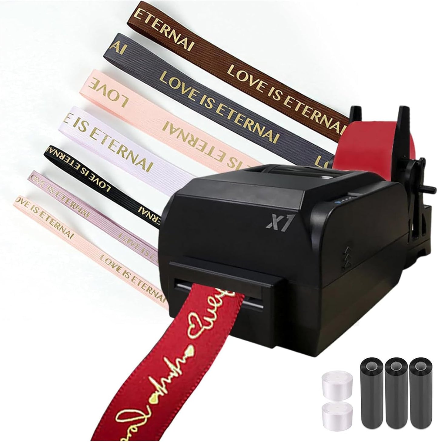 Satinbandsutskriftsmaskin med hållare, 200 dpi digital bandskrivare termisk etikettskrivare foliestämpeltryckmaskin, 150 mm/s, stöder 50+ språk, DIY dekorativt band,SingleRow